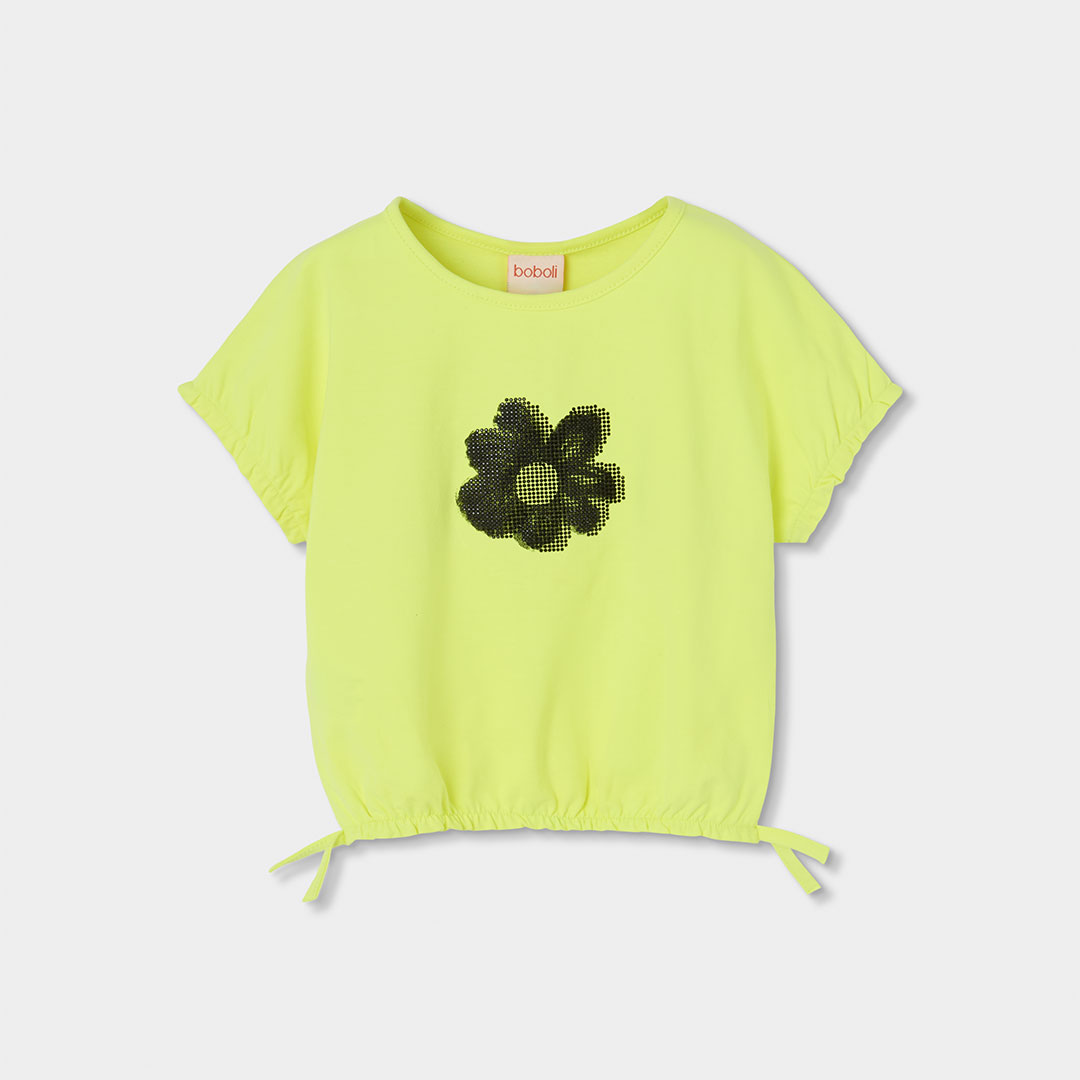 4230874619_a Camiseta Boboli verde neón para niña con estampado de flor