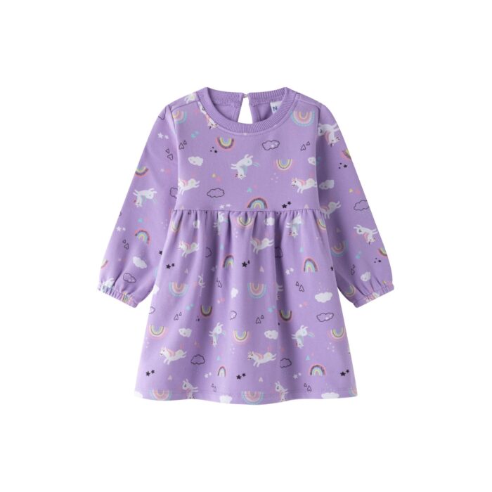 Vestido manga larga unicornios morado para bebé niña