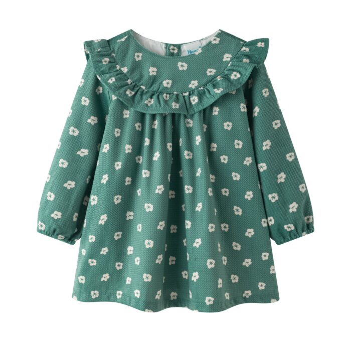 Vestido manga larga en verde con flores para bebé niña